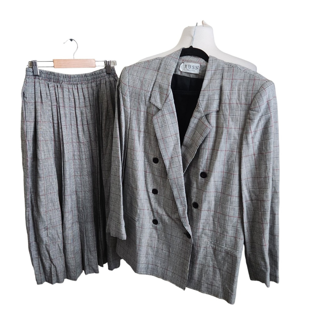Vtg RUSS Double‎ Breasted Skirt Blazer Suit Womens 10 Glen Plaid Pleated Classic
